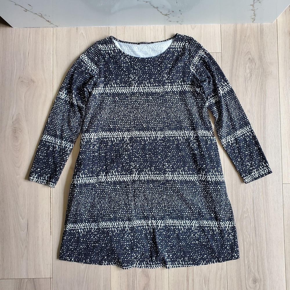 Marimekko Mod Tunic Dress Womens XS Black White Abstract Long Sleeve Boat Neck